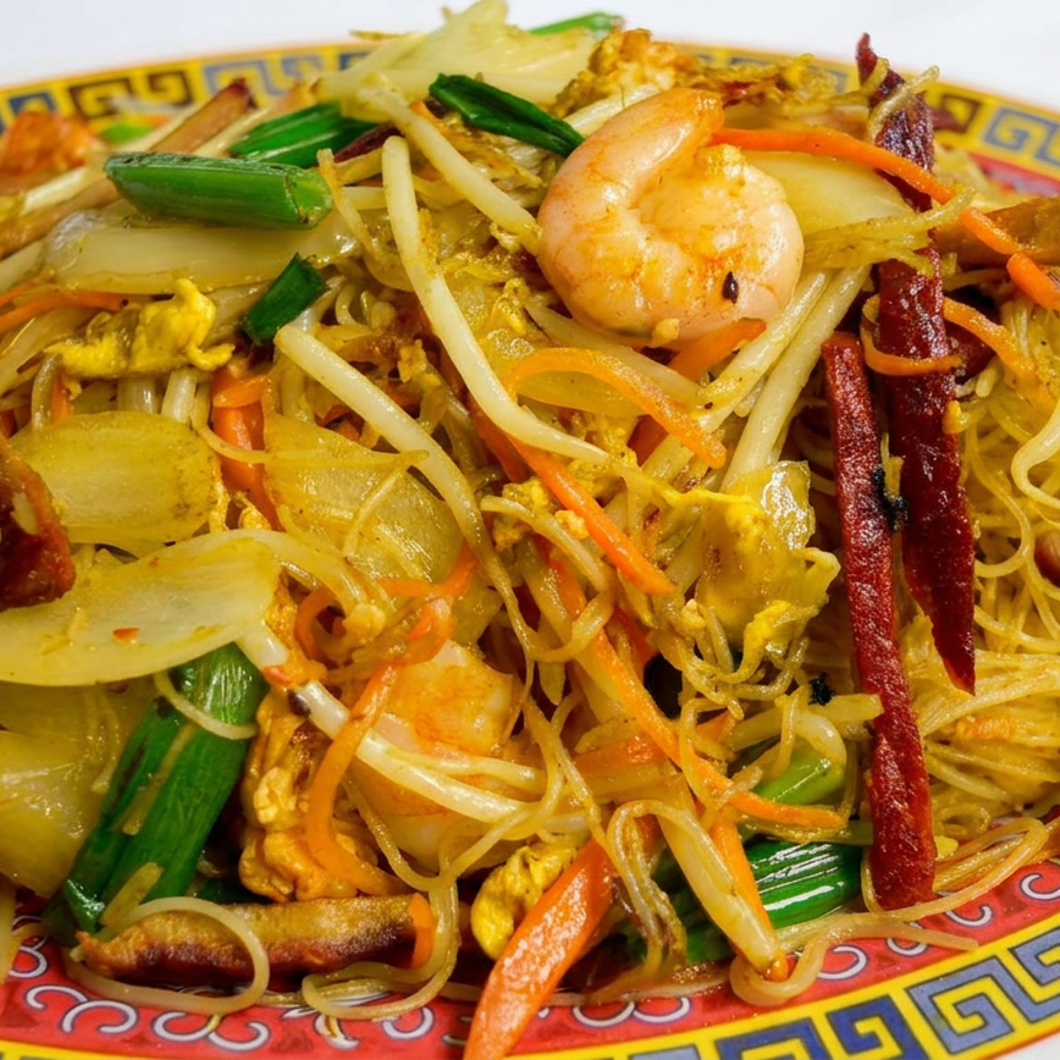 Stir-fried rice noodles with shrimp, egg, vegetables, bean sprouts, and barbecue pork on a decorative plate.