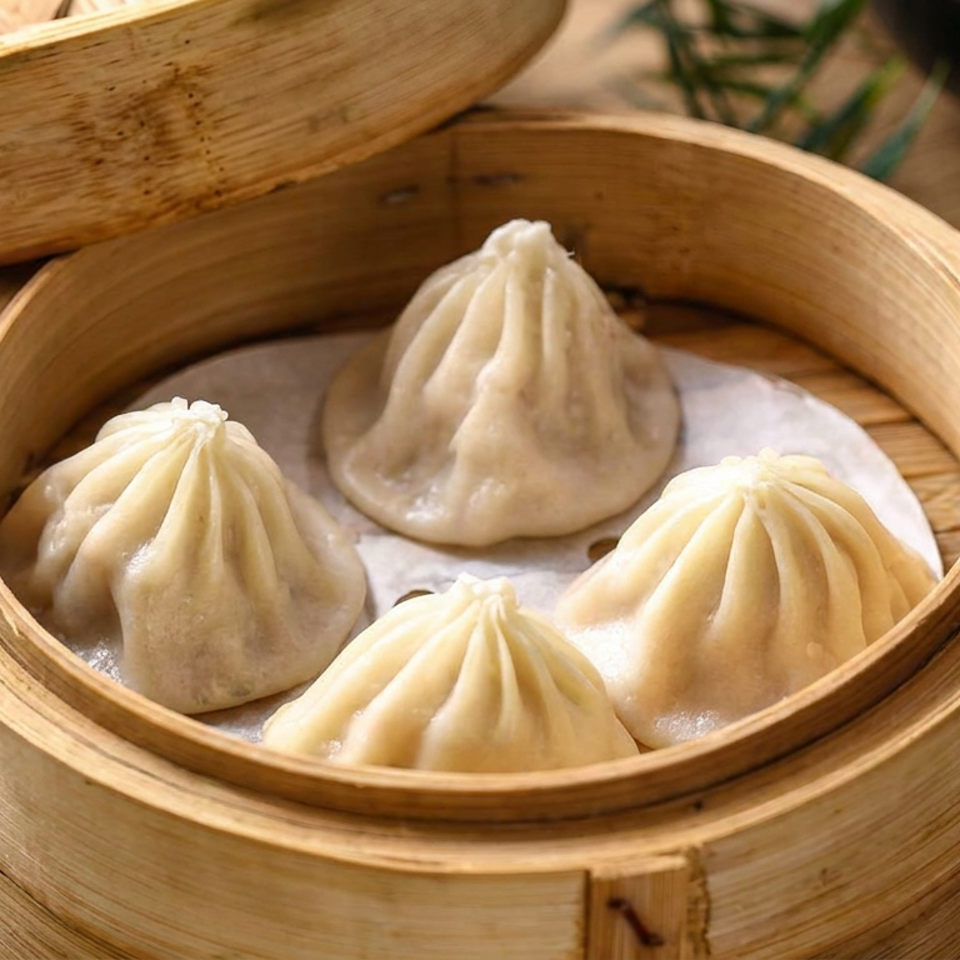 Four pleated steamed dumplings sit in an open bamboo steamer on a rustic wooden table.