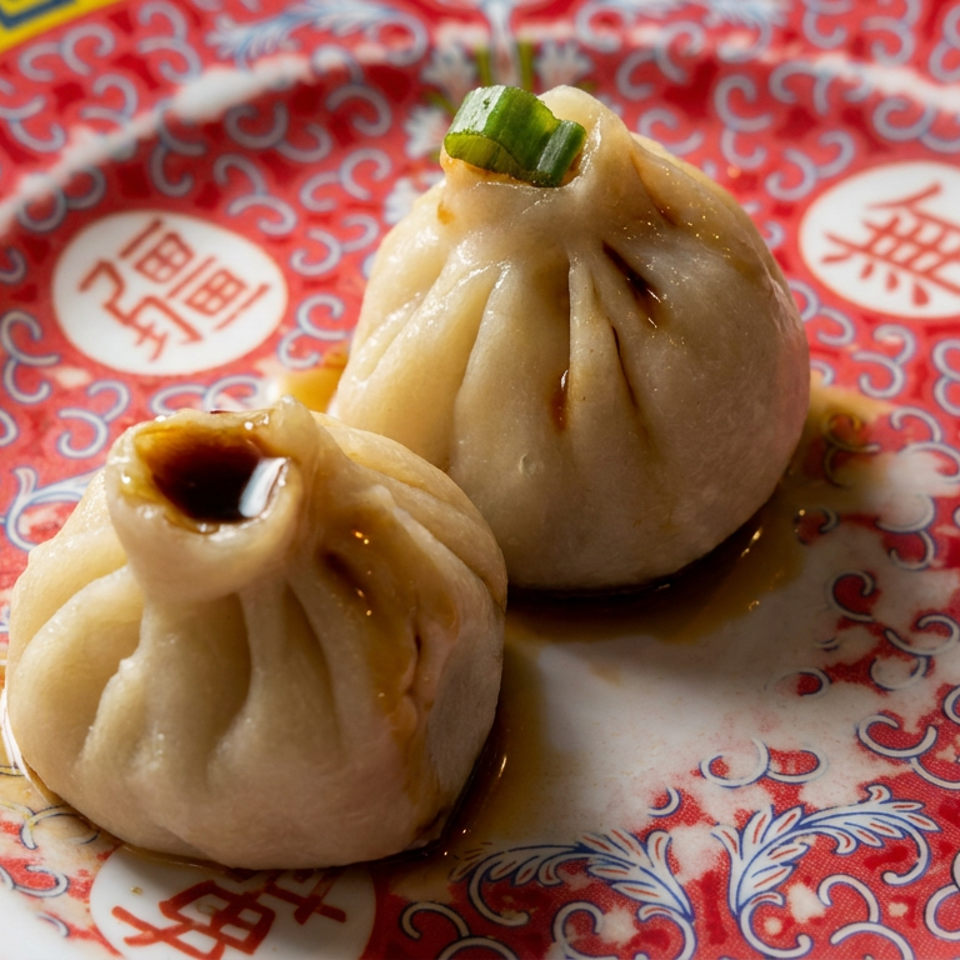 Two pleated steamed dumplings topped with scallions and drizzled with sauce on an ornate red Chinese plate.