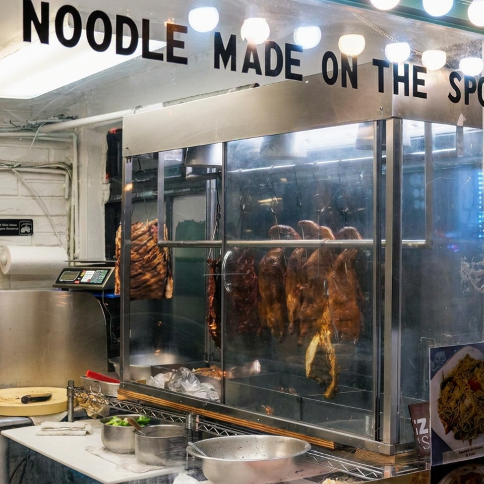 Chinese restaurant noodle counter displaying roasted meats behind glass, with hanging lights, Chinese calligraphy, and fresh noodles made on site.
