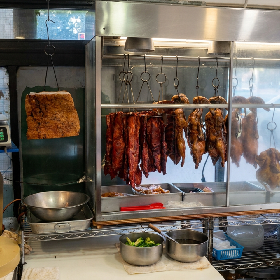 Restaurant food stall displaying hanging roasted ducks, meats, and crispy pork beside a chopping block and cooking supplies.