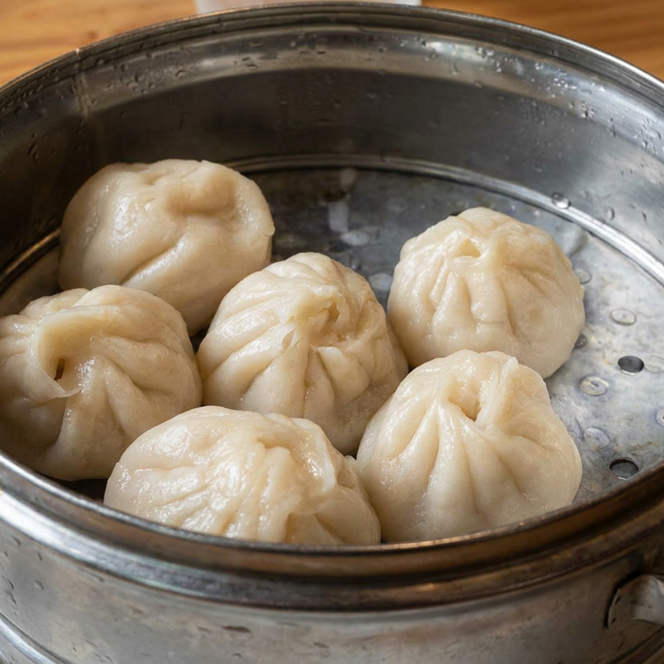 Five steamed soup dumplings sit in a round metal basket on a white plate atop a wooden restaurant table.