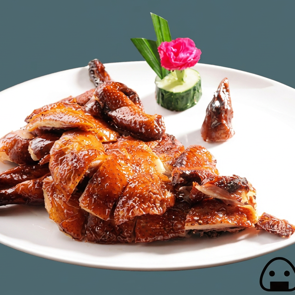 Glossy roasted duck pieces arranged on a white plate with cucumber garnish, pink flower, and Fan Tuan Delivery logo.