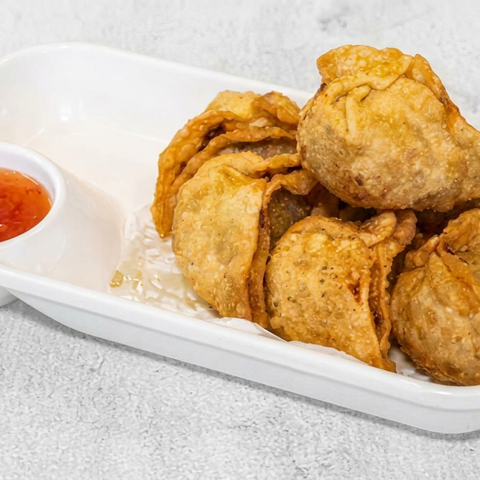 Crispy golden fried dumplings piled on a white platter with a side of sweet chili dipping sauce.